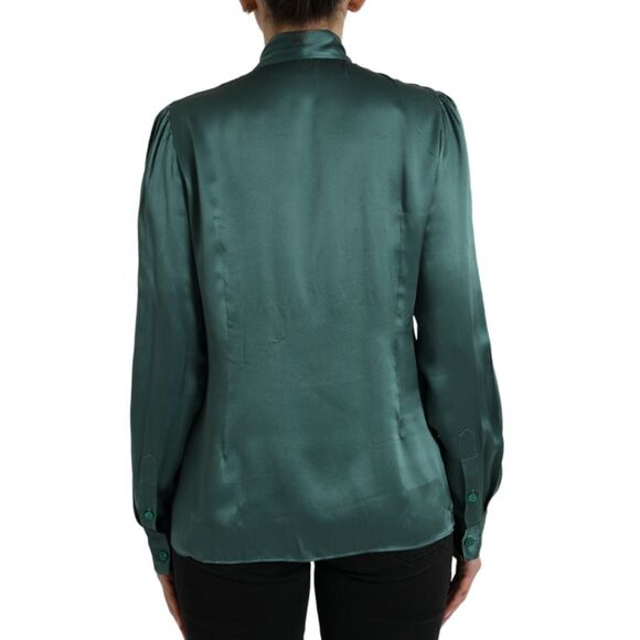 Dolce & Gabbana Dark Green Silk Ascot Collar Blouse Women's Top Tees - Short Sleeve